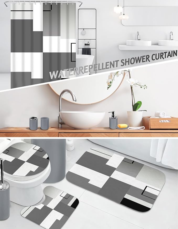 Lnond Grey Bathroom Set, 22-Piece Orange Geometry Bathroom Decor Set with with Shower Curtain and Rugs, Trash Can, Toilet Brush Holder Set & Soap Dispenser