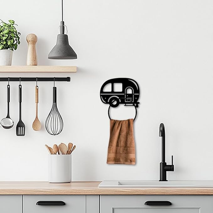 MAYJOYDIY Camping Metal Towel Ring Camping Car Hand Towel Holder Round Cartoon Car Towel Hangers Black Bathroom Towel Rack Wall Mounted for Kitchen Bath Home Laundry Room Decors Gifts