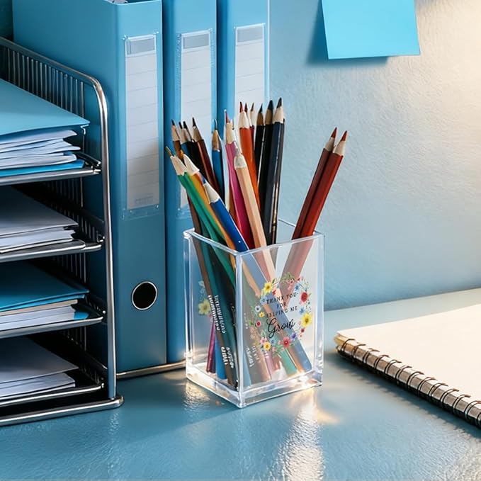 Thank You For Helping Me Grow Acrylic Cosmetic Pencil Holder Cup, Floral Pen Holder Thank You Birthday Gifts for Women, Appreciation Group Gifts for Teacher Mom Mentors Coworkers Boss Manager