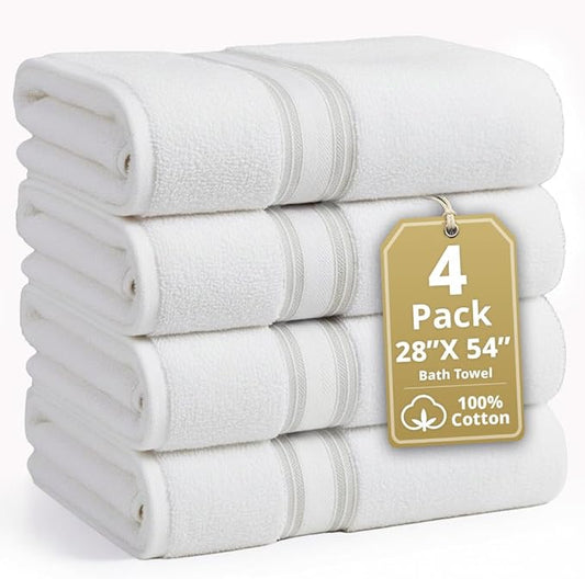 LANE LINEN 100% Cotton 4 Pack Bath Towels (28"x54") - Zero Twist, Cotton - Large Towels for Bathroom - Quick Drying, Highly Soft & Absorbent Shower Towel Set - Hotel & Spa Quality - White Towel Set