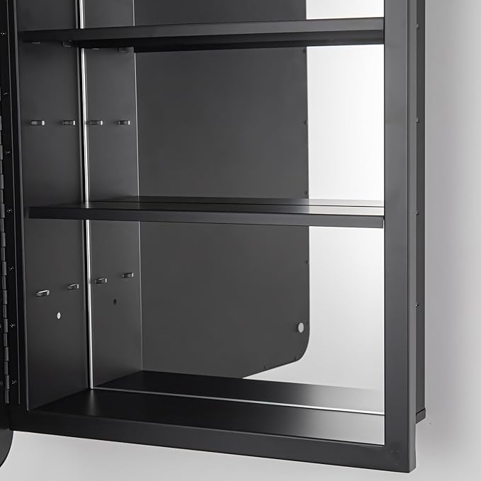Black Bathroom Medicine Cabinet with Mirror 21 x 34 Metal Frame Recessed Or Wall Mounted Single Door Storage Medicine Cabinets with Adjustable Shelves Rounded Corner Beveled Mirrors