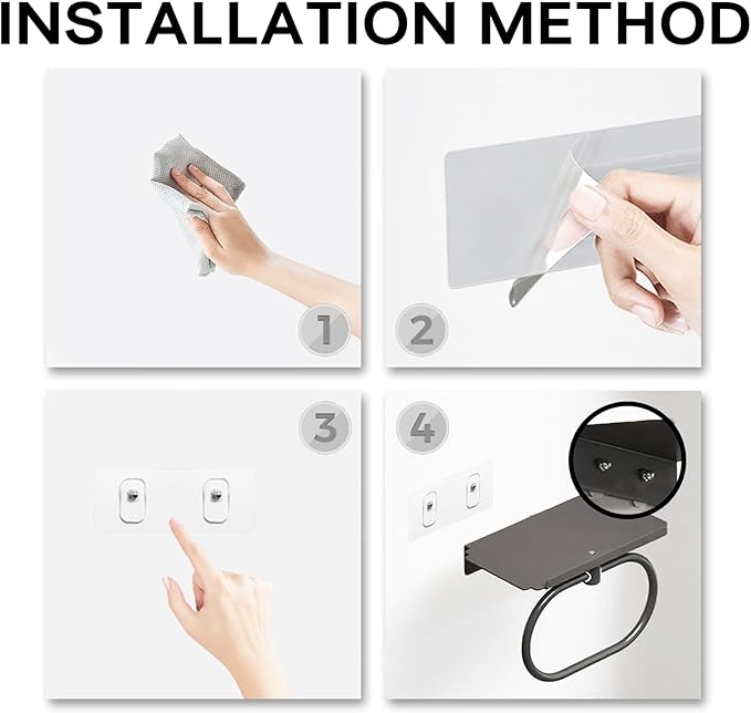 Towel Holder with Shelf, Carbon Steel Heavy Duty Wall Mounted Towel Rack Maijdoany for Bathroom Kitchen, Matte Black Hidden Hand Towel Hanger Ring with Storage Shelf