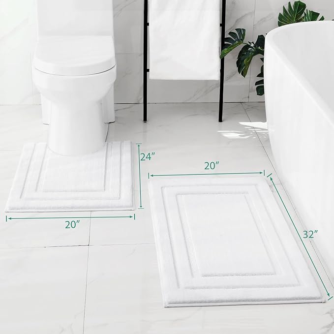 HOMEIDEAS Bathroom Rugs Sets 2 Piece, Super Soft and Absorbent Non Slip Microfiber U-Shaped Toilet Bath Mat Set (20"x32"+U20 x24, White)