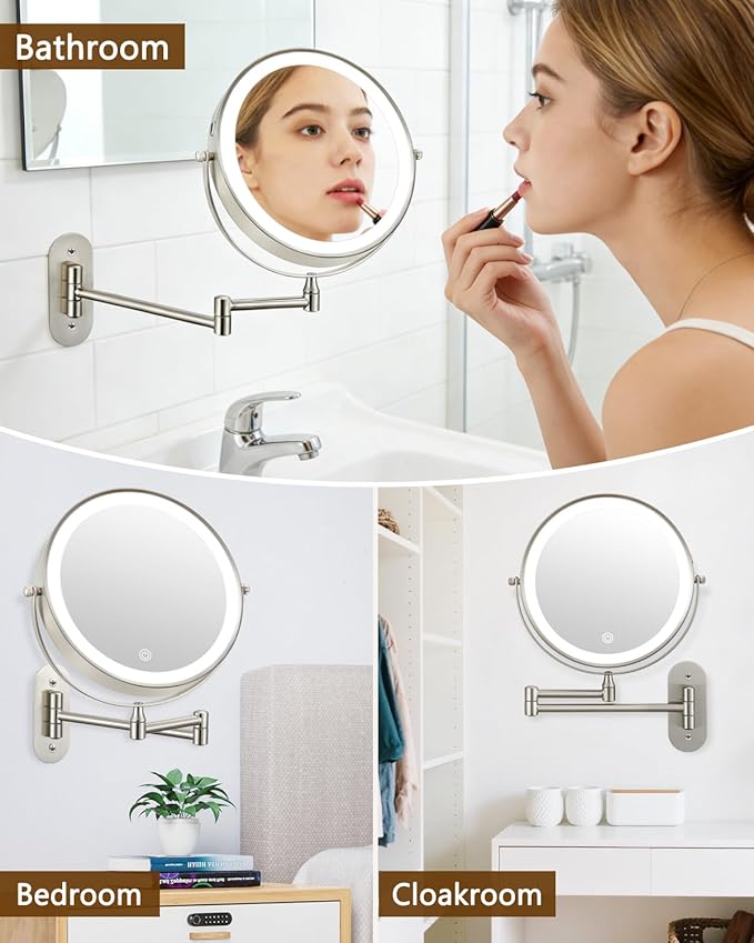 DECLUTTR 9" Wall Mounted Lighted Makeup Mirror, Rechargeable 1X/20X Magnifying Mirror with Light Double Sided, Touch Dimmable 3 Color Light, 360 Rotation Vanity Mirror