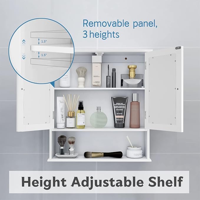 TaoHFE Medicine Cabinet, Medicine Cabinets for Bathroom with Mirror 2 Doors 3 Open Shelf, Bathroom Cabinet Wall Mounted Wooden Storage Over Toilet Laundry Room Kitchen
