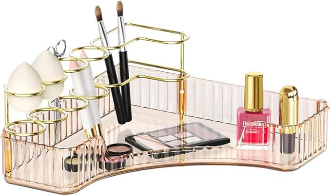 Makeup Organizer for Vanity Corner Storage Shelf for Bathroom Countertop Skincare Organizer with Makeup Brush Holder (Amber)