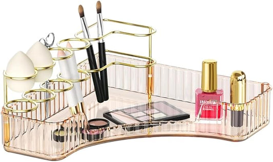Makeup Organizer for Vanity Corner Storage Shelf for Bathroom Countertop Skincare Organizer with Makeup Brush Holder (Amber)
