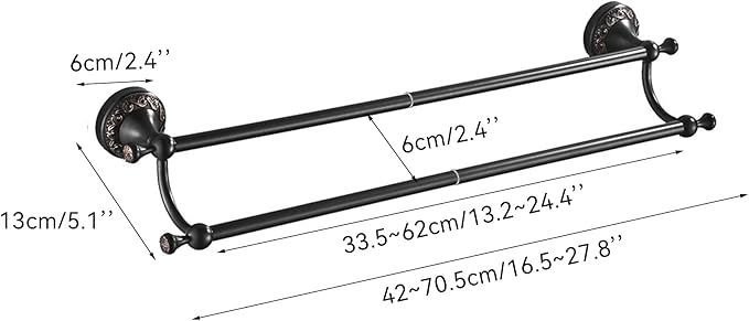 Oil Rubble Bronze Brass Double Towel Bar, Adjustable 15.5 to 27.5 Inch Bath Towel Bar Rack for Bathroom Towel Holder, Wall Mounted Black Bathroom Hardware Accessories,Pattern Carving Design