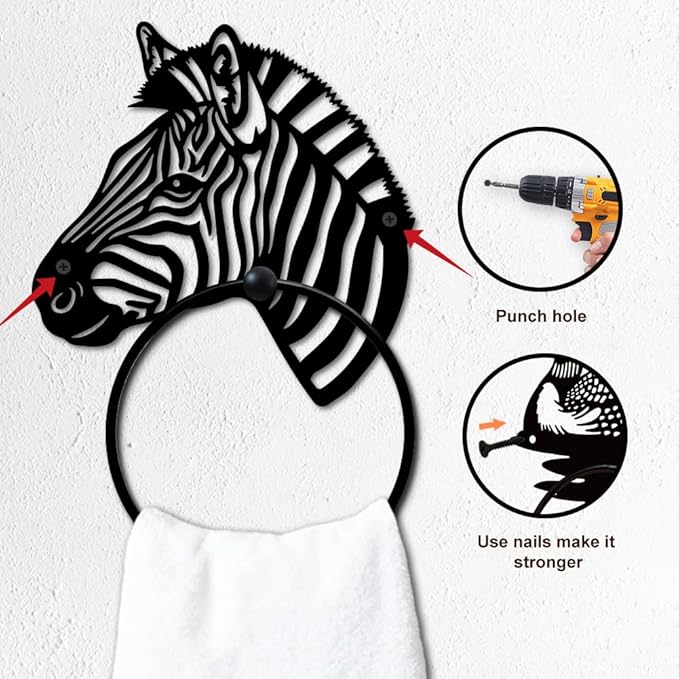 MAYJOYDIY Zebra Head Metal Towel Ring Round Grassland Zebra Hand Towel Holder Animals Ring Hanger Wall Mount Black Vintage Towels Wall Organizer for Kitchen Bath Home Laundry Room Decors Gifts