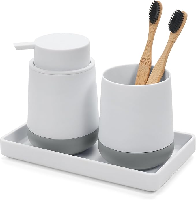 GAHEFY White Bathroom Countertop Accessories Set - Soap Dispenser and Toothbrush Holder with Silicone Boot,Vanity Tray (White Liquid)