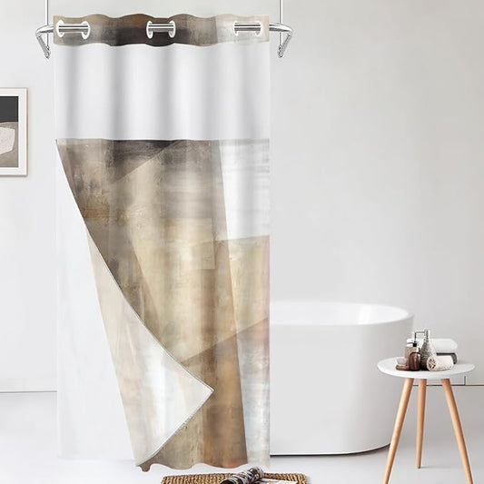 Shrahala Brown Abstract Art No Hooks Shower Curtain with Snap in Liner Set, Beige Painting Bathroom Décor Polyester Fiber Waterproof for Stall Bathtubs 35.5 X 74 in
