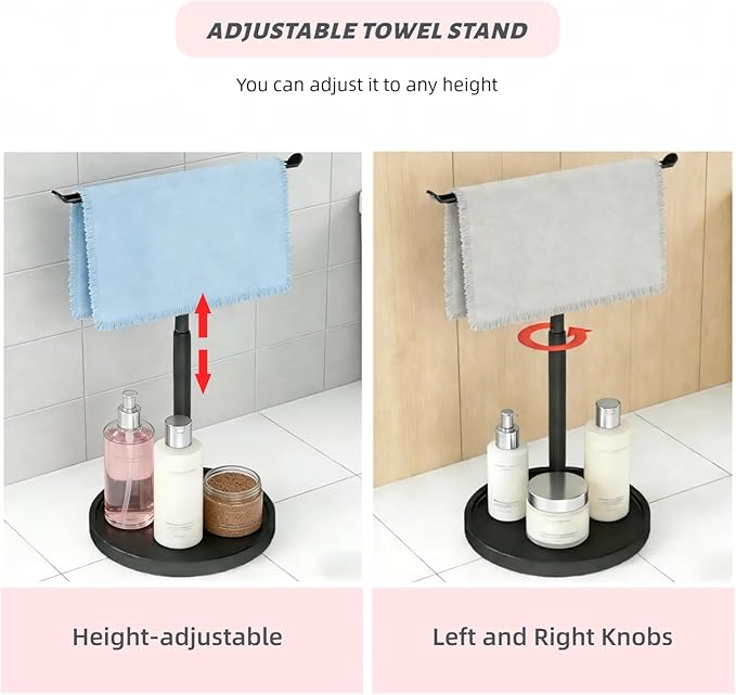 Hand Towel Holder Stand for Bathroom Countertop, Black T-Shape Towel Rack Free Standing, 16.5 Inch Adjustable Retractable, Stainless Steel Freestanding for Kitchen Bedroom Counter Organizer Waterproof