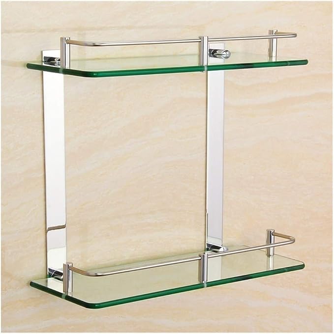 Tempered Glass Shelf Bathroom Shelves with Rail Wall Mounted Stainless Steel Punch Installation 350mm