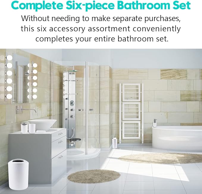 Papillon 6-Piece Bathroom Organization Set, Toothbrush Holder with Cup, Soap Dispenser & Dish, Toilet Brush, Trash Can, Tumbler Set (White)