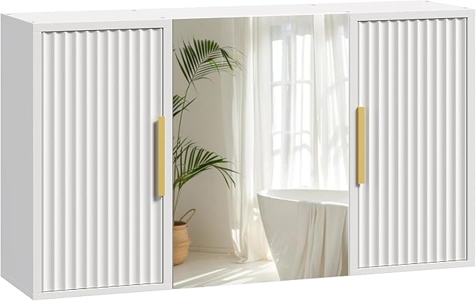 YATINEY Bathroom Wall Cabinet with Mirror, Medicine Cabinet Mirror, Wall Mounted Medicine Cabinet, Mirrored Door Over The Toilet Storage, for Laundry Room, Bedroom, Camper, Hallway, White