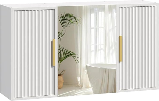 YATINEY Bathroom Wall Cabinet with Mirror, Medicine Cabinet Mirror, Wall Mounted Medicine Cabinet, Mirrored Door Over The Toilet Storage, for Laundry Room, Bedroom, Camper, Hallway, White