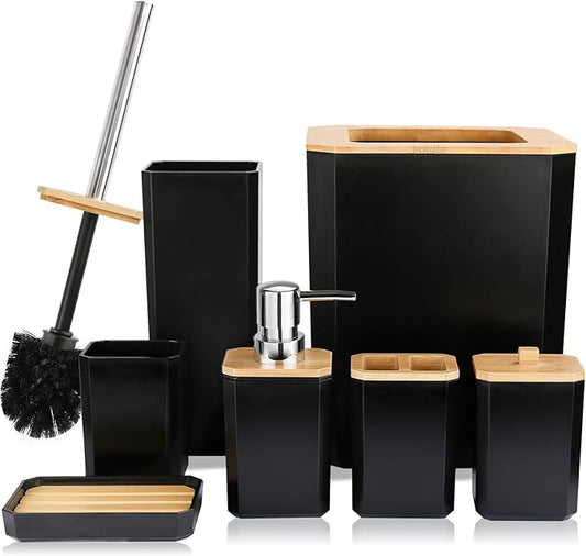 CERBIOR Bathroom Accessories Set 7 Piece Bath Ensemble Includes Soap Dispenser, Toothbrush Holder, Toothbrush Cup, Soap Dish for Decorative Countertop and Housewarming Gift (Black)