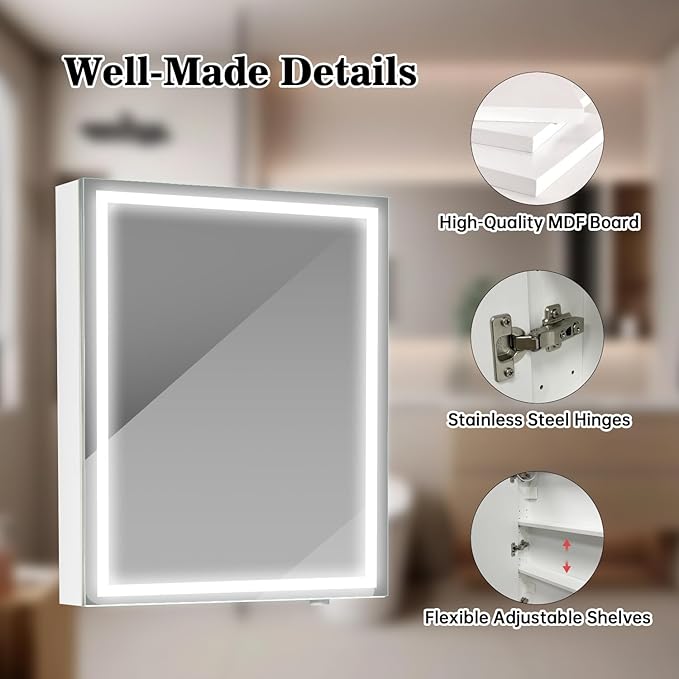 32 x24Inch LED Medicine Cabinet Mirror with Lights for Bathroom, Defogger,Stepless Dimmable,3000K/5500K Color Temperature Wall Mounted Makeup Mirror, Adjustable Shelf (Assembly Required)