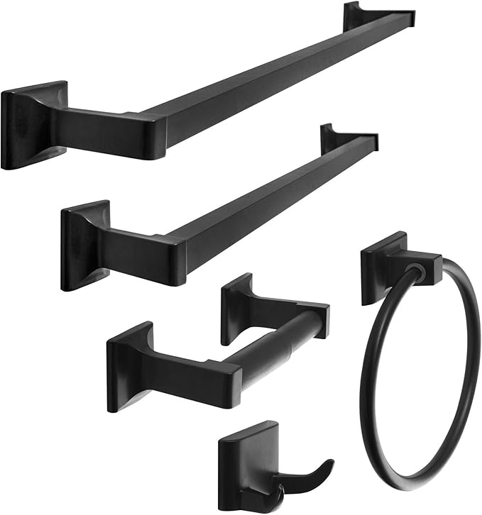 SENTO Cellar Classic Bathroom Accessories Set, Heavy Duty Metal Bath Hardware Set Wall Mounted, Includes Robe Hook, Toilet Paper Holder, Towel Ring, 18” & 24” Towel Bar (5-Piece, Matte Black)