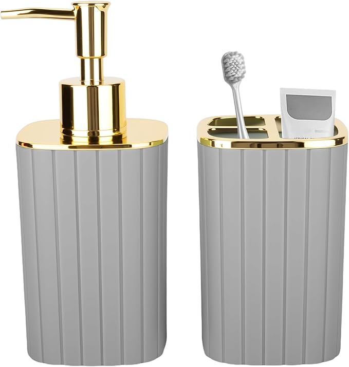 2PCS Bathroom Accessories Set, Grey Bathroom Accessories Include Soap Dispenser and Toothbrush Holder for Boho Bathroom Decor
