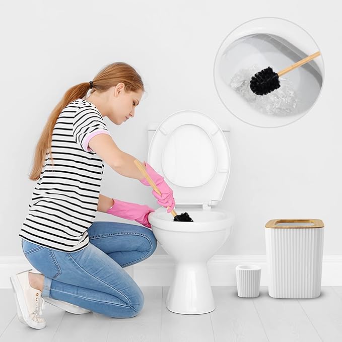 XLHOMO Bathroom Accessory Set, 9-Piece White Bathroom Set with Trash Can, Tray, Soap Dispenser, Toothbrush Holder, Toothbrush Cup, Soap Dish, Toilet Brush and Q-tip Holders for Bathroom/Housewarming