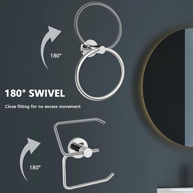Towel Ring and Toilet Paper Holder Set, Stainless Steel Bath Towel Hanger and Tissue Roll Holders, Bathroom Hardware Accessories Wall Mounted 2 Pieces (Polished Chrome)