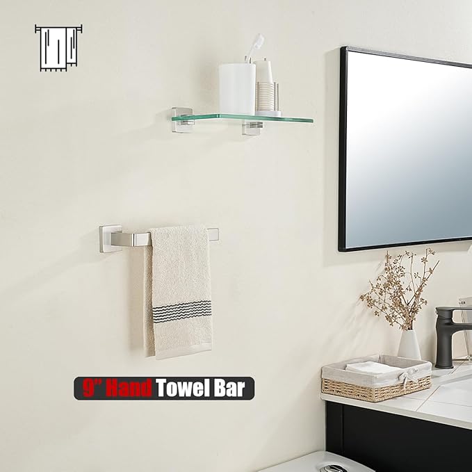JQK Hand Towel Holder Towel Ring Gold, Thicken 0.8mm 304 Stainless Steel Bathroom Hand Towel Bar, 9 Inch Wall Mount Towel Rack Hanger, Brushed Steel, THH250L9-BN