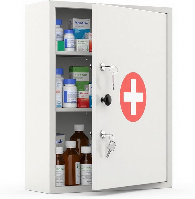 Medicine Cabinet with Dual Key Lock, Wall Mounted First Aid Cabinet, Pill Bottle Organizer Storage for Home Office & School Use 16" W x 6" D x 21" H (White)