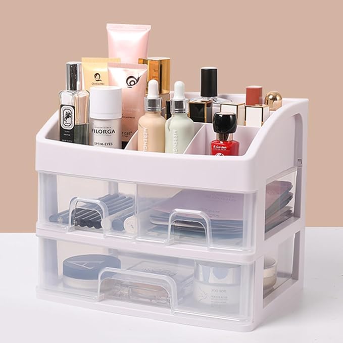 Cosmetic Storage Box Cosmetic Display Cabinet Bathroom Dressing Table Organizer with 3 Drawers and 1 Tray Makeup Organizers for Counter (White)