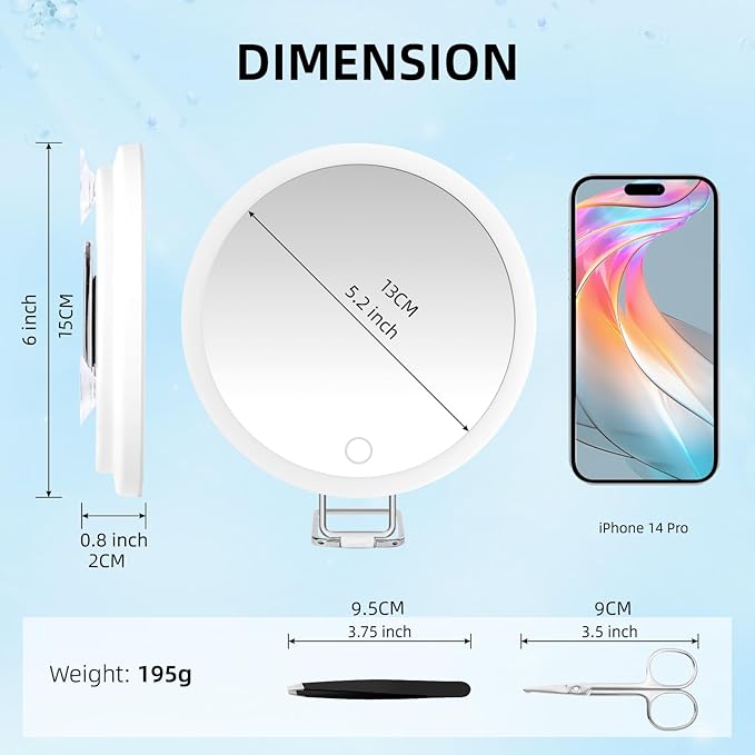20X Magnifying Mirror w/ Light，Lighted Magnifying Mirror w/ 3 Suction Cups & 360° Stand，Rechargeable 3 Colors Dimming Vanity Mirror，6inch Large Tabletop Makeup Mirror w/ Tweezers & Scissors