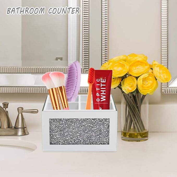 Rotating Makeup Brush Holder Glass, 360 Rotating Crystal Makeup Brush Organizer, Cosmetic Brush Storage Box Crushed Diamond Home Decor Silver Glass Brush Holder for Vanity Dresser 4 Slots
