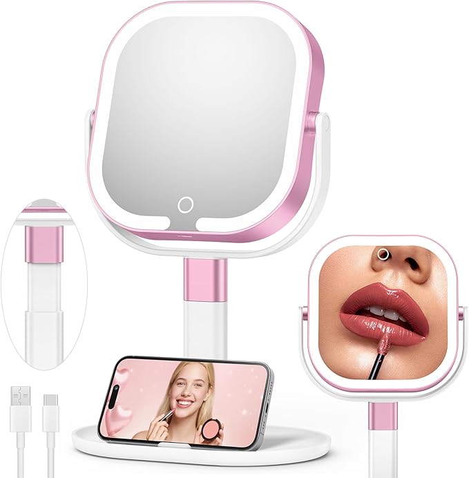 Makeup Mirror with Lights, 1X/10X Magnifying Vanity Mirror with 3 Colors, 2000mAh Rechargeable Double Sided Magnifying Mirror, Height Brightness Adjustable, 360° Rotation Vanity（Rose）