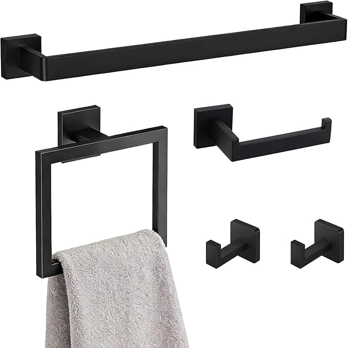 5-Pieces Wall Mount Bathroom Accessories Bathroom Hardware Set,23.6 Inch Stainless Steel Waterproof Towel Bars,Toilet Paper Holder with Shelf,Towel Ring,Coat Hook,Matte Black 5PC - Rectangle