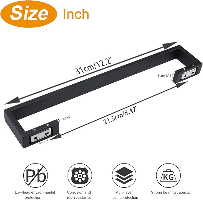 TocTen Bath Towel Rack - Square Base Thicken SUS304 Stainless Steel Towel Bar for Bathroom, Bathroom Bar Accessories Towel Rod Heavy Duty Wall Mounted Towel Holder (Matte Black, 12 Inch)