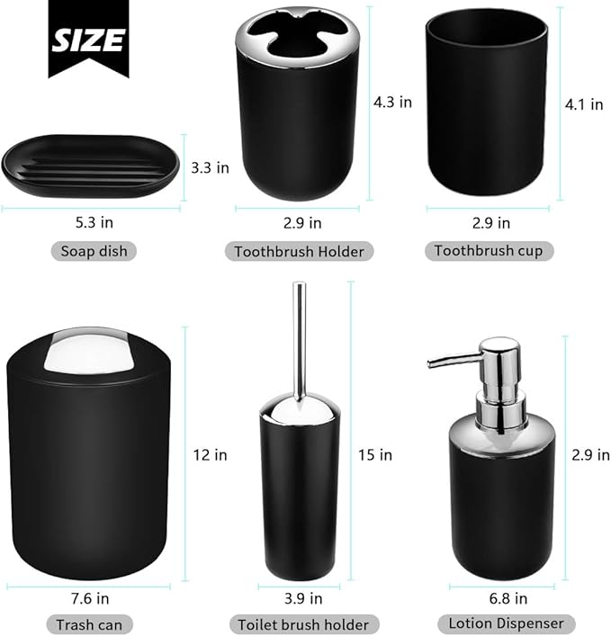 Papillon 6-Piece Bathroom Accessories Set, Toothbrush Holder with Cup, Soap Dispenser & Dish, Toilet Brush, Trash Can, Tumbler Set (Black)