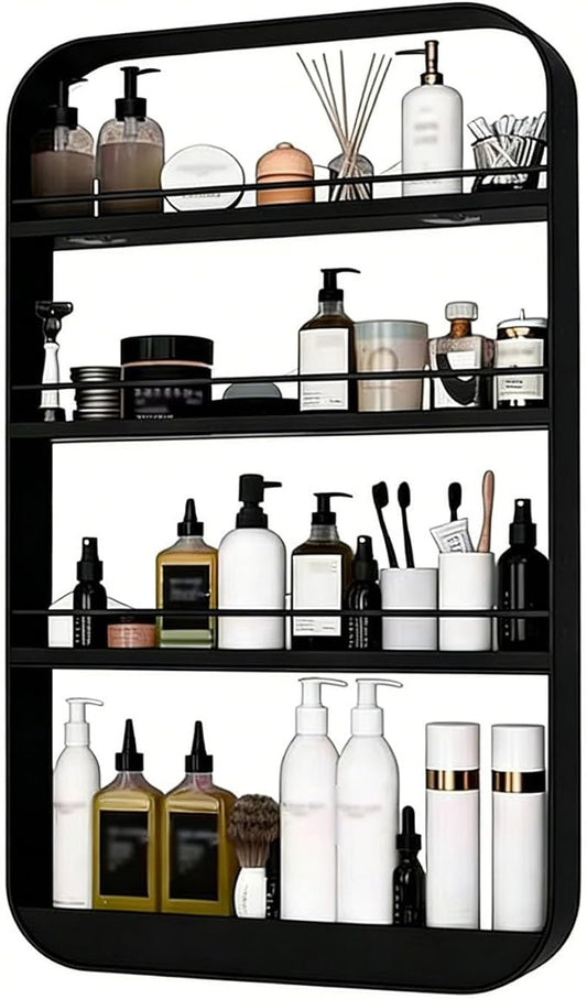 Wall Mount Organizer Floating Bathroom Shelves No Drill Adhesive Makeup Storage Rack Hang Decorative Over The Toilet Shelf(Black,50x70cm)