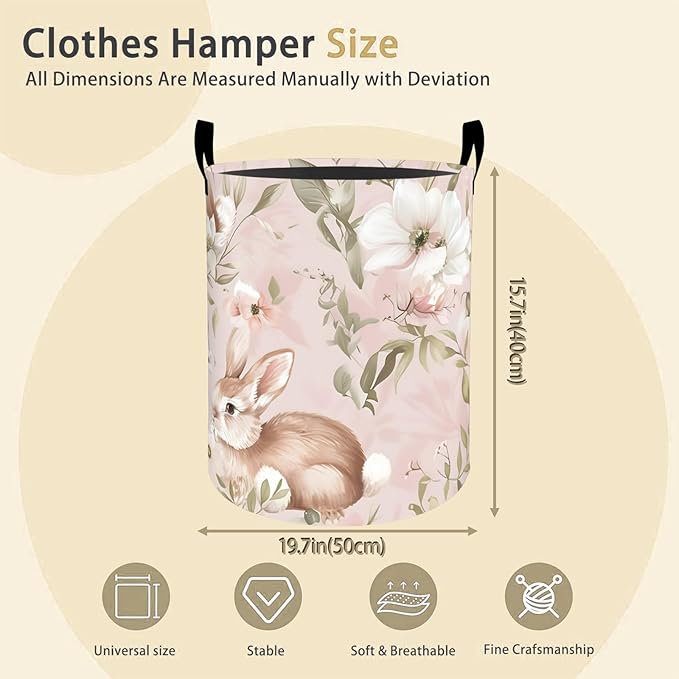 Cute Bunny Floral Laundry Basket Hamper for Boys Girls Kids Adults, Foldable Waterproof Oxford Clothes Storage Bin, Rabbit Organizer for Bedroom Bathroom Room Decor 19.7"x15.8"