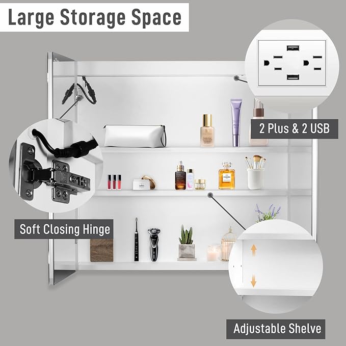Karl home 32x28 Inch 2 Doors Bathroom Medicine Cabinet with LED Mirror, 3 Color Wall Mounted Dimmable Bathroom Cabinet with 3-Tier Storage Shelves, Anti-Fog, USB Charge, White