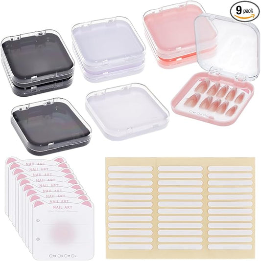 OLYCRAFT 9Pcs Press On Nail Storage Box Artificial Nail Display Case Nails Storage Container Box with 9Pcs Displaying Card and 36Pcs Adhesive Tape for Home Salon Fake Nails Organize and Display