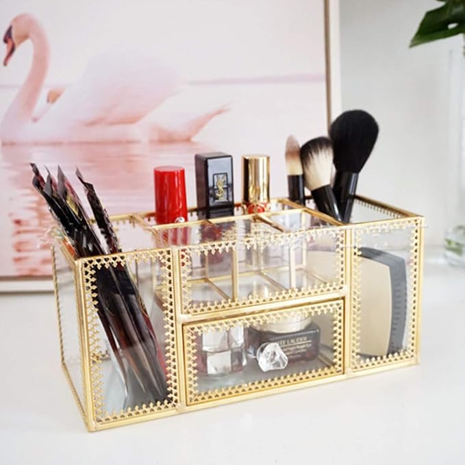 Yamfurvo Makeup Organizer Handmade Vintage Brass Frame Makeup Brush Holder Glass Makeup Brushes Storage Cosmetic Organizer Makeup Vanity Decoration Jewelry Box