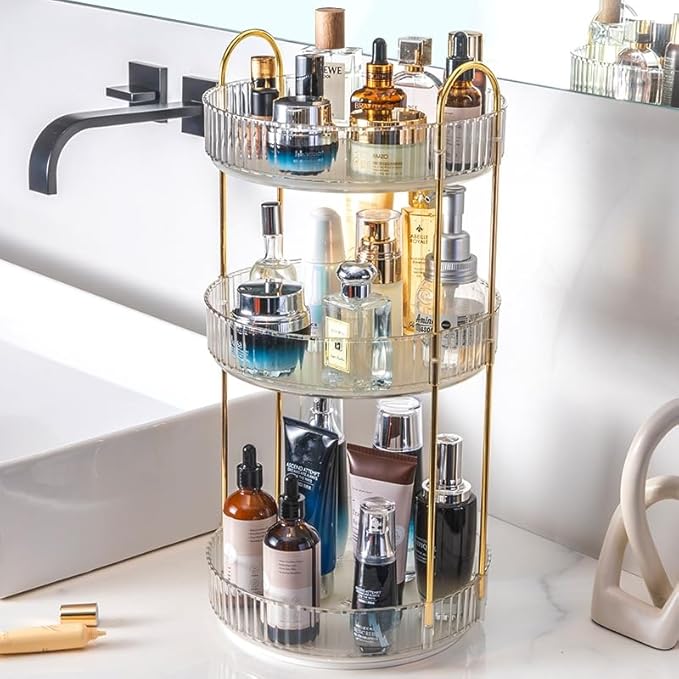 Makeup Organizer for Vanity, 360?? Rotating Bathroom Organizer Countertop, High-Capacity Skincare Organizer, Spinning Cosmetics Organizer for Dresser Countertop (3 Tiers, Clear)