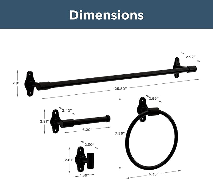Franklin Brass Calloway 4-Piece Bathroom Set Matte Black 18" + 6" Towel Rack, Toilet Paper Holder, Hand Towel Holder, Hook | 4-Piece Bath Hardware Accessories Set CLWY64-MB