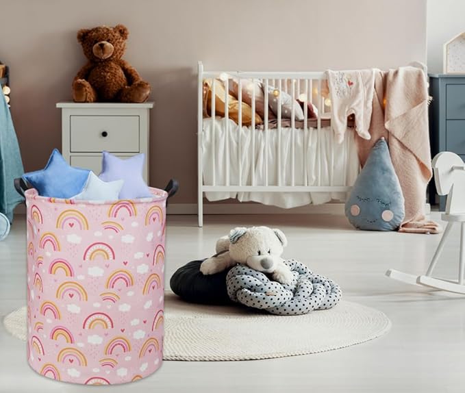 Baby Laundry Basket Kids Hamper Toy Storage Bin for Boys Room Decor Baby Nursery Hamper Gift Baskets for Bedroom Bathroom(Pink Rainbows)