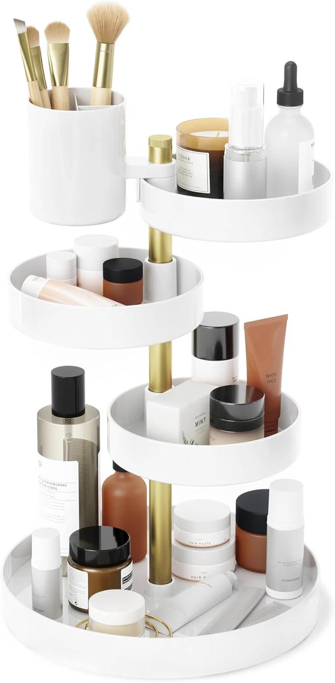 Umbra Pirouette Cosmetic Organizer, Large Capacity Makeup Storage with Adjustable Compartments, White/Brass