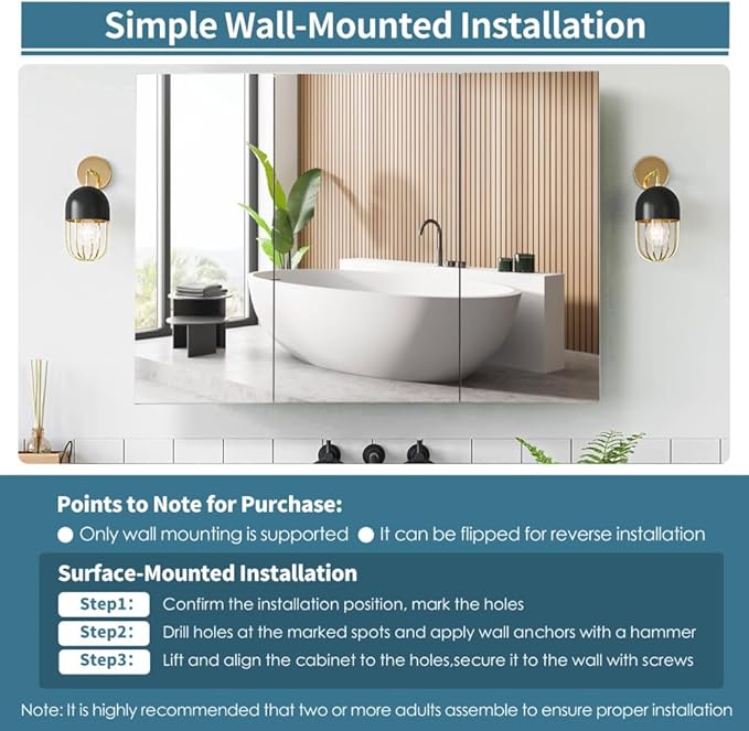 Movo 40 Inch x 28 Inch Black Bathroom Mirror Medicine Cabinet, Frameless Large Wall Mount Medicine Cabinet with 3 Doors,Rmovable Shelves