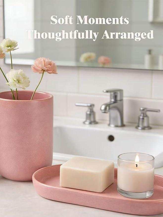 Ceramic Bathroom Accessories Set, Matte Red Soap Dispenser 15.5oz & Toothbrush Holder 10.6oz with Tray, Modern Countertop Set for Bathroom, Vanity, Kitchen Sink
