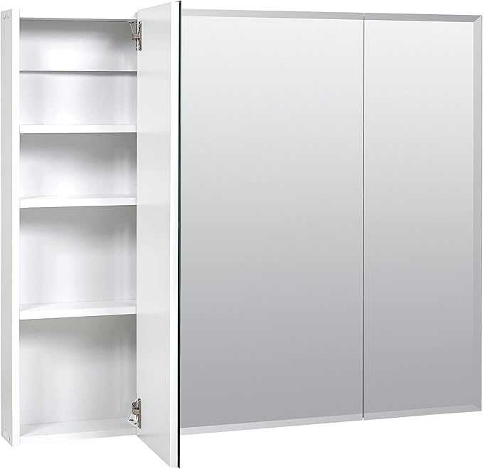 Zenith 29.75 in. W Beveled Tri-View Frameless Medicine Cabinet, Bathroom, White, Mirrored