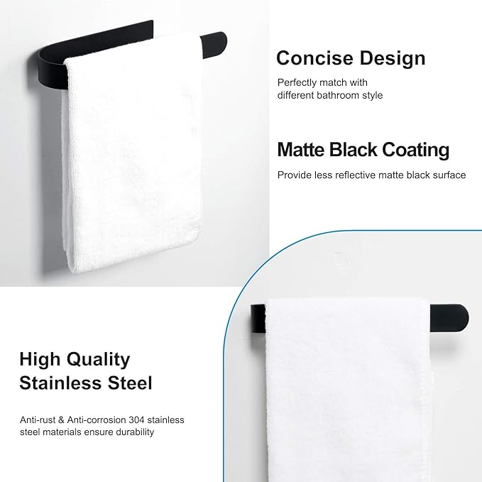 HouseAid Self Adhesive Hand Towel Holder for Bathroom, Stainless Steel Adhesive Towel Bar, No Drilling Modern Hand Towel Hanger, Matte Black