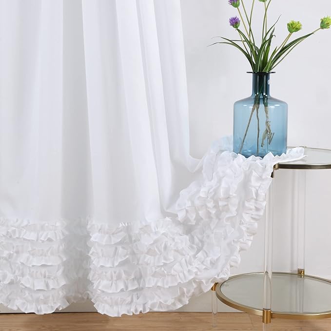 Ruffled White Modern Polyester Fabric Shower Curtain,Waterproof Decoratived Farmhouse Shower Curtains for Bathroom,72" W x Extra High 96" L