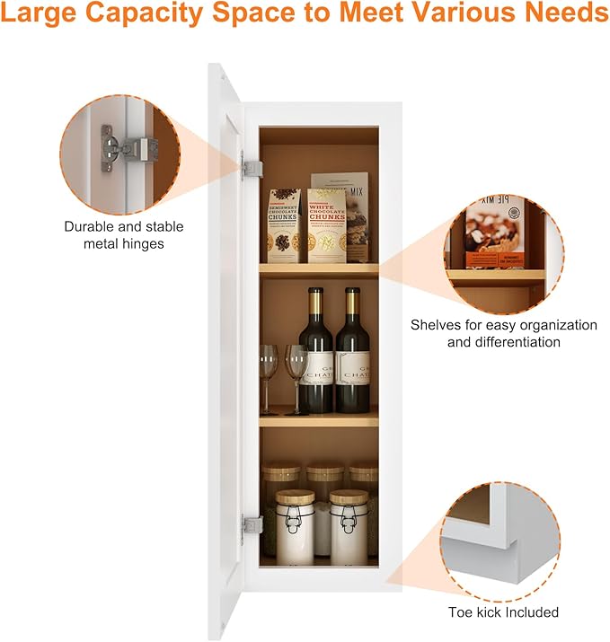 ROOMTEC Wood Wall Cabinet,RTA Single Door Medicine Cabinet with Adjustable Shelves and Soft-Close Door for Kitchen, Bathroom, and Laundry. 12" D*12" W*36" H, Shaker White